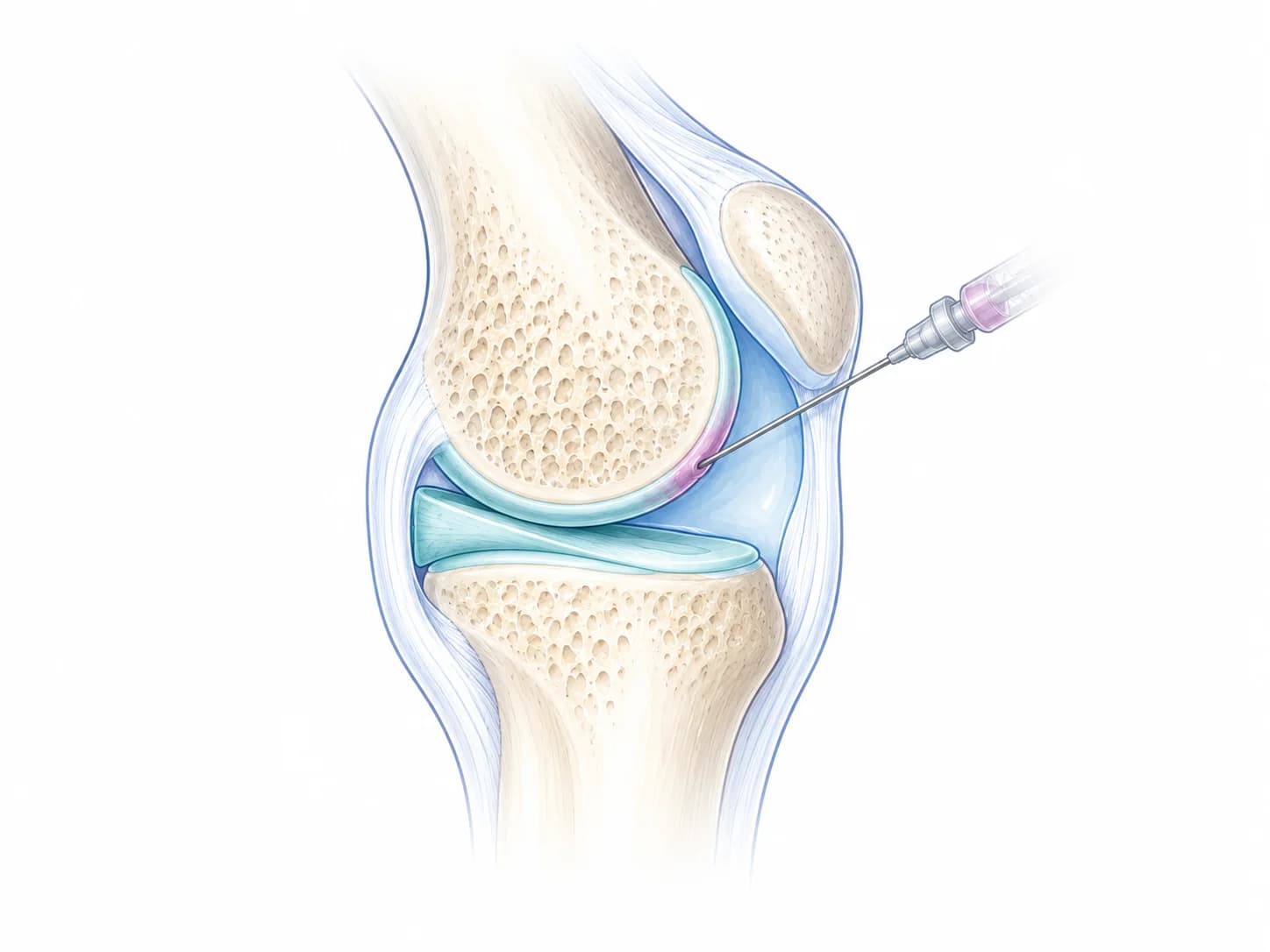 Knee joint cross-section with a needle delivering ChondroFiller onto the cartilage at the load-bearing bone surface.